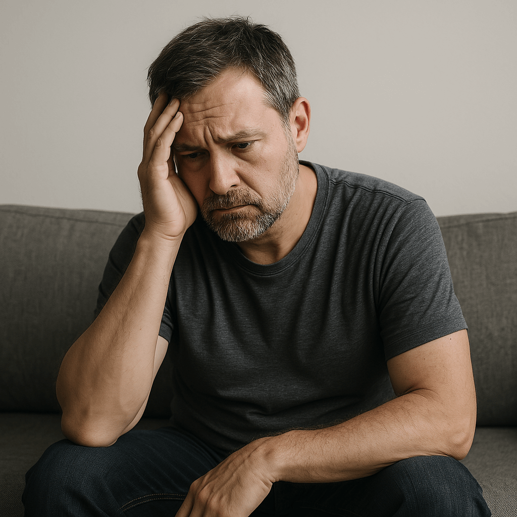 A middle-aged man sitting alone, looking down with fatigue and reflection, symbolizing the emotional and physical weight of asking, “Am I past my prime?”